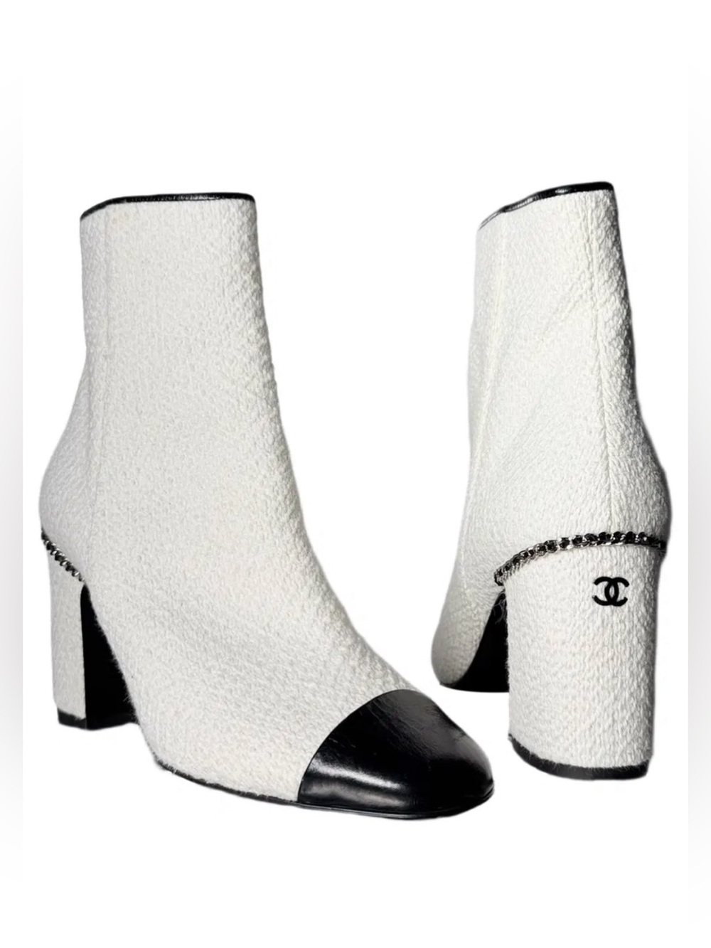 Chanel white tweed block heel ankle boots with black cap toe and interlocking CC